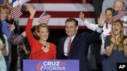 Republican presidential candidate Sen. Ted Cruz, R-Texas, and former Hewlett-Packard CEO Carly Fiorina wave during a rally in Indianapolis, April 27, 2016, when Cruz announced he has tapped Fiorina to serve as his running mate.