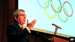 IOC President Thomas Bach speaks during a sporting awards ceremony of Greek athletes in Athens, Jan. 27, 2016. 