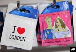 Unofficial souvenir condoms of Britain's Prince William and Kate Middleton are seen in London