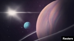 An artist's rendering shows a moon with a diameter roughly 2.6 times that of Earth orbiting a large gas giant planet in another solar system located about 5,700 light years from our solar system, in an undated handout illustration. 