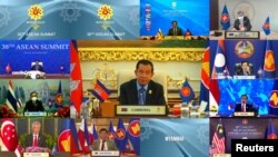 Cambodia's Prime Minister Hun Sen speaks during the virtual ASEAN Summit, hosted by ASEAN Summit Brunei, in Bandar Seri Begawan, Brunei October 26, 2021. (ASEAN SUMMIT 2021 HOST PHOTO/Handout via REUTERS) 