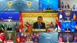 FILE - Cambodia's Prime Minister Hun Sen speaks during the virtual ASEAN Summit, hosted by ASEAN Summit Brunei, in Bandar Seri Begawan, Brunei October 26, 2021. (ASEAN SUMMIT 2021 HOST PHOTO/Handout via REUTERS) 