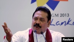 Sri Lanka's President Mahinda Rajapaksa speaks during a pre-CHOGM (Commonwealth Heads of Government Meeting) news conference in Colombo, Nov. 14, 2013.