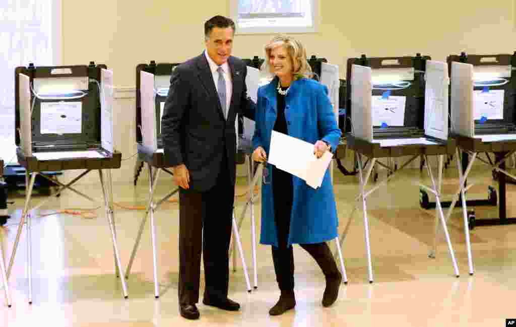 Mitt Romney and wife Ann Romney vote in Belmont, Massachusetts