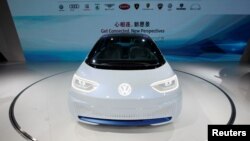  A Volkswagen I.D. electric vehicle is shown at a news conference in Guangzhou, China, Nov. 17, 2016.