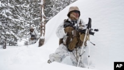 A U.S. Marine takes his position during advanced cold-weather training at the Marine Corps Mountain Warfare Training Center Sunday, Feb. 10, 2019, in Bridgeport, Calif. (AP Photo/Jae C. Hong)