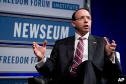 Deputy Attorney General Rod Rosenstein speaks during an event at the Newseum, May 1, 2018 in Washington.