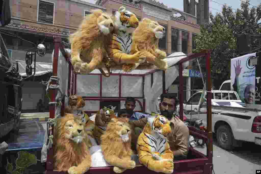 لاہور میں ایک ٹھیلے والا شیر کے کھلونے بیچ رہا ہے جو مسلم لیگ (ن) کا انتخابی نشان ہے۔