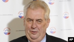 Presidential candidate Milos Zeman, who won the first round vote of presidential elections in the Czech Republic, speaks to the press in Prague, Jan. 12, 2013. 