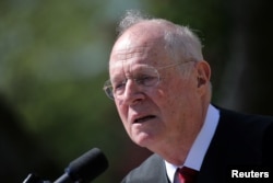 FILE - Supreme Court Associate Justice Anthony Kennedy speaks in the Rose Garden of the White House in Washington, April 10, 2017.
