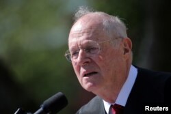 Supreme Court Associate Justice Anthony Kennedy speaks during a swearing in ceremony for Judge Neil Gorsuch as an associate justice of the Supreme Court in the Rose Garden of the White House in Washington, April 10, 2017.