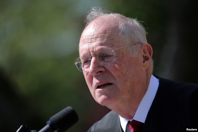 Supreme Court Associate Justice Anthony Kennedy speaks during a swearing in ceremony for Judge Neil Gorsuch as an associate justice of the Supreme Court in the Rose Garden of the White House in Washington, April 10, 2017.