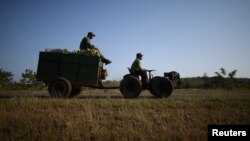 FILE - Farmer Wilber Sanchez (R), 30, drives a tractor near San Antonio de los Banos carrying corn to be sold to small shops on the highway in Artemjsa province, Cuba, April 13, 2016.