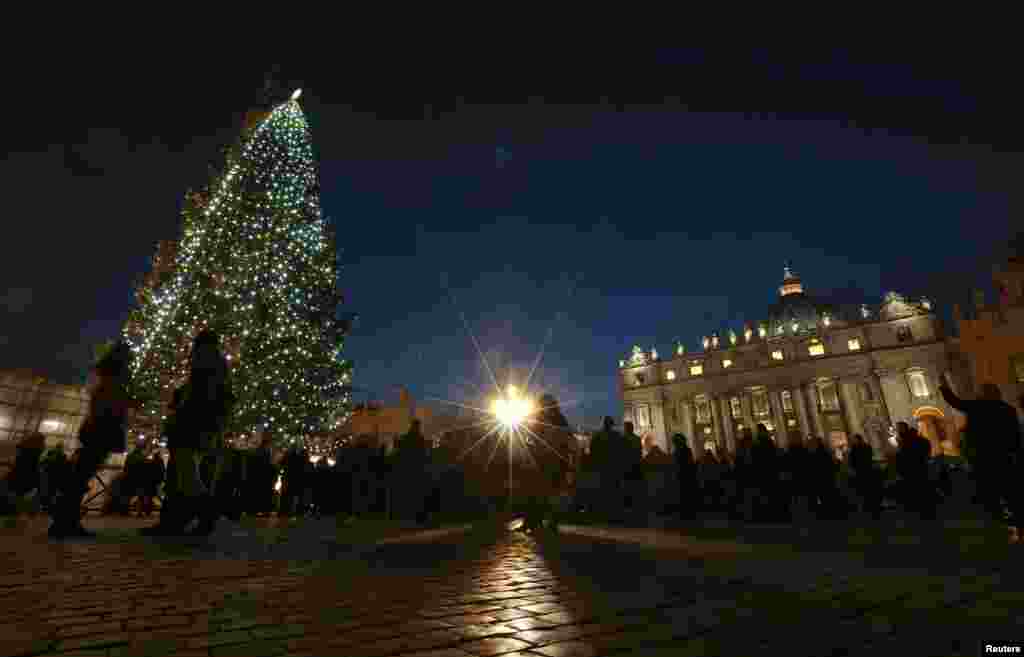 The Vatican Christmas tree is lit up after a ceremony in Saint Peter&#39;s Square at the Vatican. 