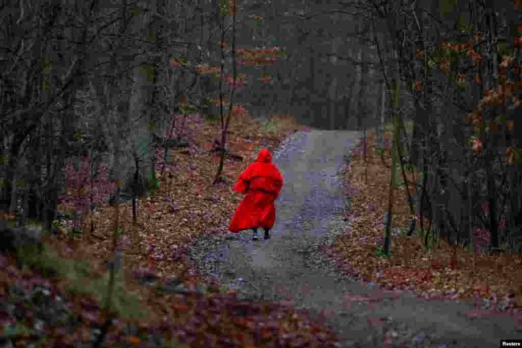 A runner dressed as Santa Claus walks through the forest while joining the annual &#39;Roast Goose Digestion Run&#39; aiming to burn the calories after holiday celebrations in Berlin, Germany.