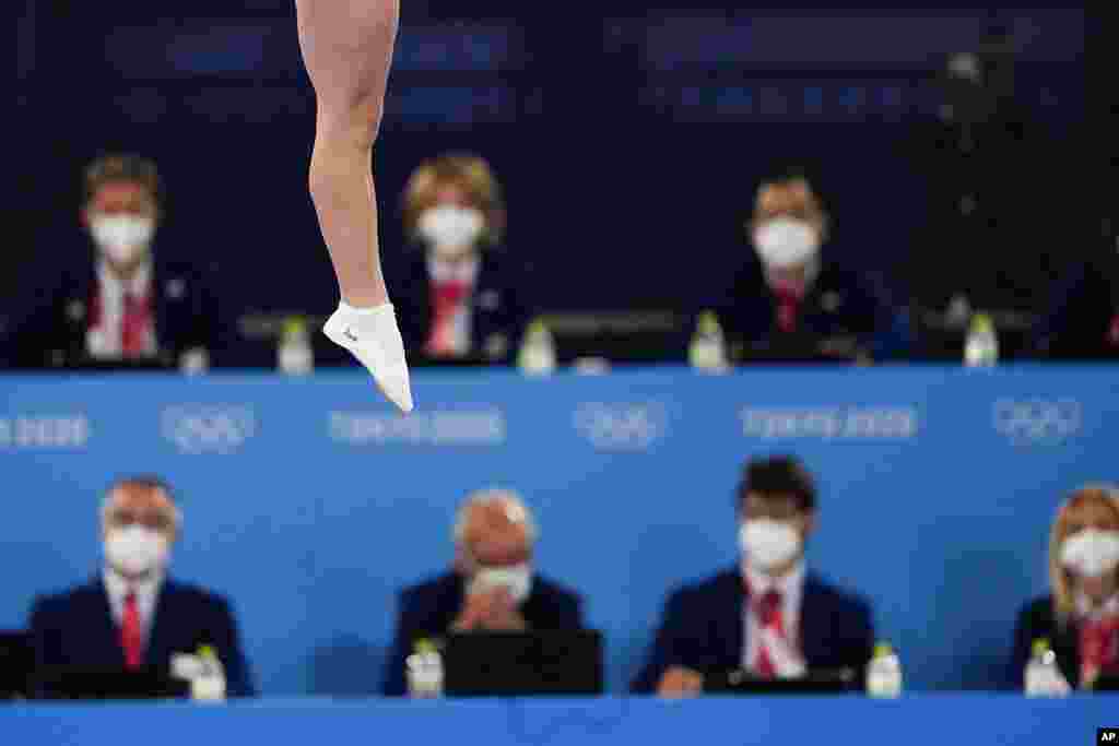 Samantha Smith of Canada competes in the the women&#39;s trampoline gymnastics qualifier at the 2020 Summer Olympics, in Tokyo. 