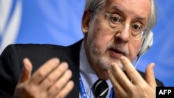 FILE - Chaiman of the United Nations Commission of Inquiry on Syria, Paulo Sergio Pinheiro gestures during a press conference on March 17, 2015 in Geneva.