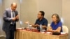 Duta Besar Kamboja untuk Indonesia, Hor Nam Bora (kiri) menginterupsi konferensi pers yang digelar oleh Mu Socha (paling kanan), Wakil Presiden CNRP dan Direktur Eksekutif Kurawal Foundation Darnawan Triwibowo (tengah), di Jakarta, 6 November 2019.