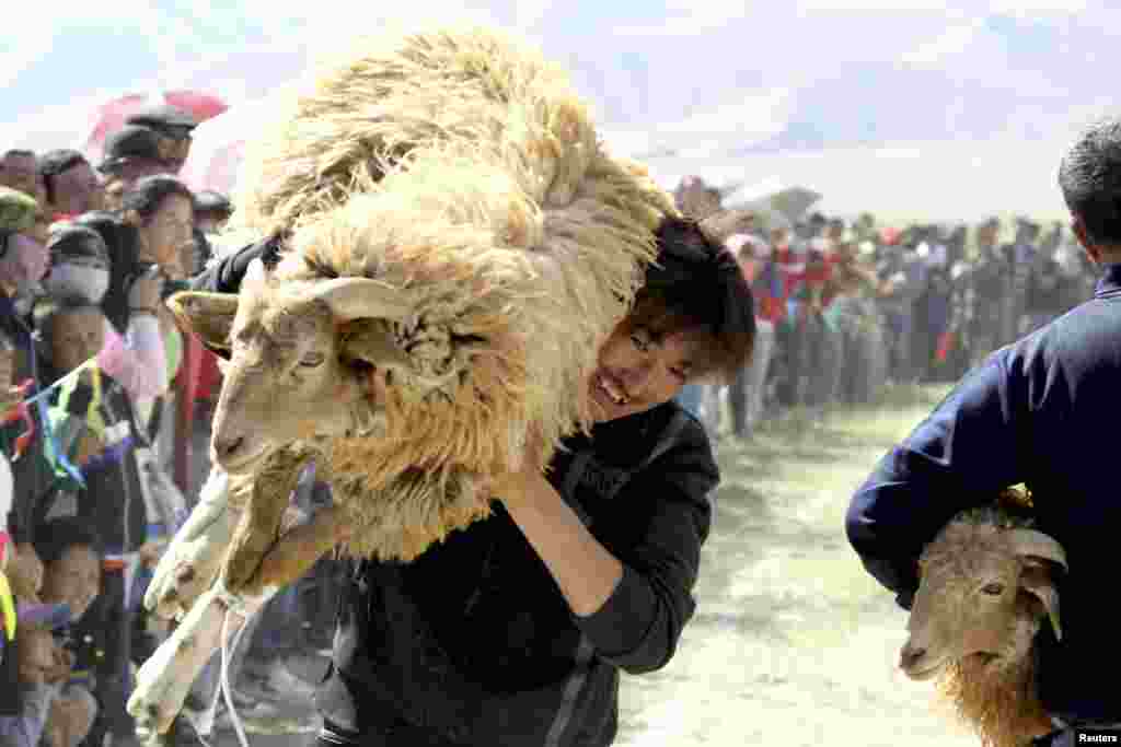 Participants run as they carry their sheep during a &quot;Running with Sheep&quot; race, which is a part of a harvest celebration activity, in Yiwu county, Xinjiang Uighur Autonomous Region.