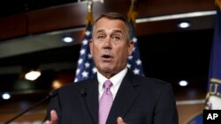 FILE - In this Feb. 6, 2014 file photo, House Speaker John Boehner speaks during a news conference on Capitol Hill in Washington.