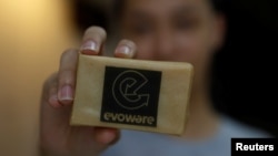 This soap called Evoware is from Indonesia. It is wrapped with seaweed-based packaging that you can eat. Picture taken October 26, 2017. (REUTERS/Beawiharta) 