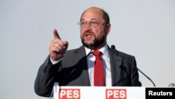 Socialist candidate for European Commission president, Martin Schulz, presents his policy proposals for the next five years during a news conference in Brussels, Belgium, May 7, 2014. 