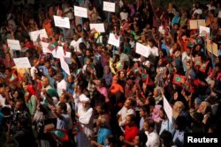 Opposition supporters protest against the government's delay in releasing their jailed leaders, including former president Mohamed Nasheed, despite a Supreme Court order, in Male, Maldives, Feb. 4, 2018.