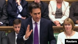 Britain's opposition Labor leader Ed Miliband is seen addressing the House of Commons in this still image taken from video in London August 29, 2013.