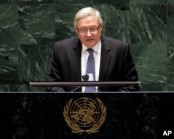 FILE - Sergei Ryabkov, deputy foreign minister of the Russian Federation, addresses the Nuclear Nonproliferation Treaty conference at United Nations headquarters, May 4, 2010.