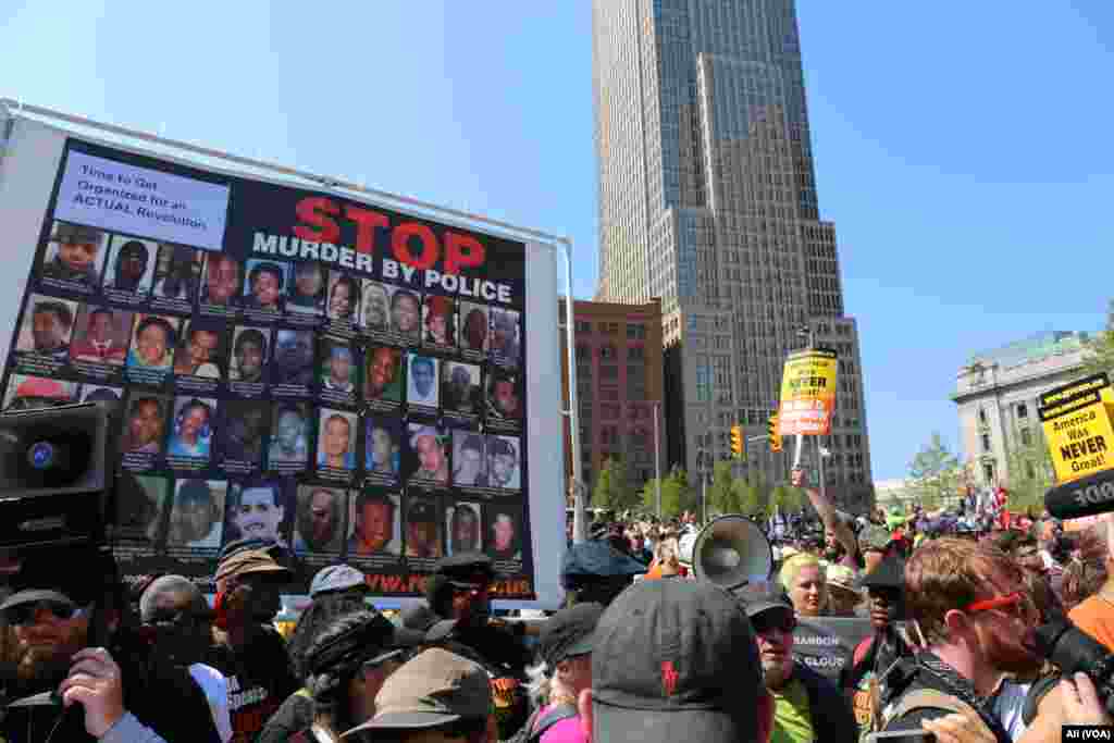 Black Lives Matter protesters gathered in Public Square in Cleveland, July 19, 2016. Hundreds of protesters from various groups converged. Police moved in when tensions rose among the group.