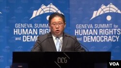 북한에 2년간 억류됐다 풀려난 한국계 미국인 케네스 배 씨가 20일 스위스 제네바에서 열린 국제 인권회의에서 연설했다.