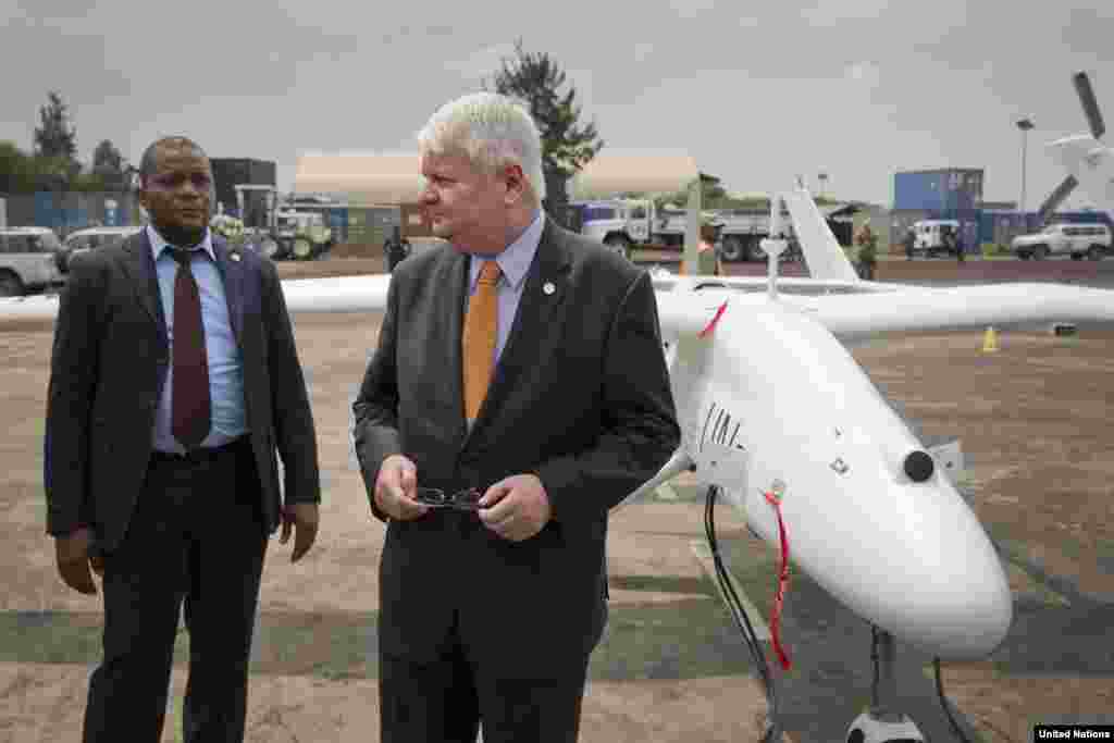 Under-Secretary-General Hervé Ladsous inspects a MONUSCO Unarmed Aerial Vehicle (UAV) that will be used in Eastern DRC, Goma, DRC, Dec. 3, 2013. 