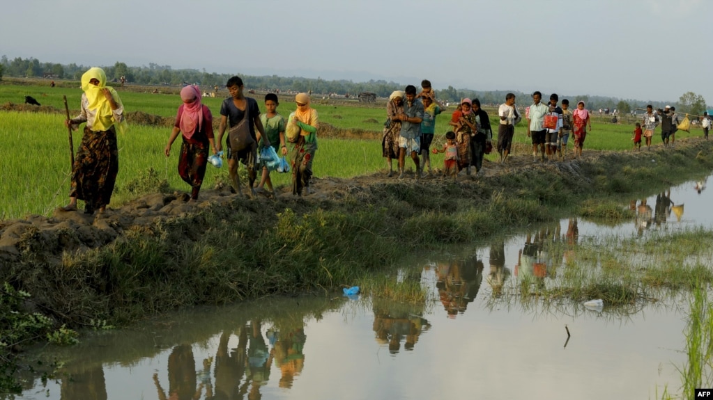 မြန်မာနိုင်ငံတွင်း စစ်တပ်ရဲ့နယ်မြေရှင်းလင်းမှုတွေကြောင့် နေရပ်စွန့်ခွာထွက်ပြေးလာတဲ့ ရိုဟင်ဂျာ ဒုက္ခသည်များကို ဘင်္ဂလားဒေ့ရှ် နယ်စပ်အနီးတွင်တွေ့ရစဉ် (စက်တင်ဘာ ၄၊ ၂၀၁၇)