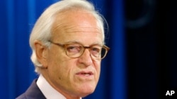 FILE - Martin Indyk speaks at the State Department in Washington.