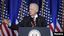 U. S. Vice President Joe Biden delivers his speech on U.S policy in Iraq at the National Defense University at Fort McNair in Washington, D.C.,April 9, 2015.