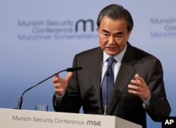 Chinese Foreign Minister Wang Yi speaks during the Munich Security Conference in Munich, Germany, Feb. 17, 2017.