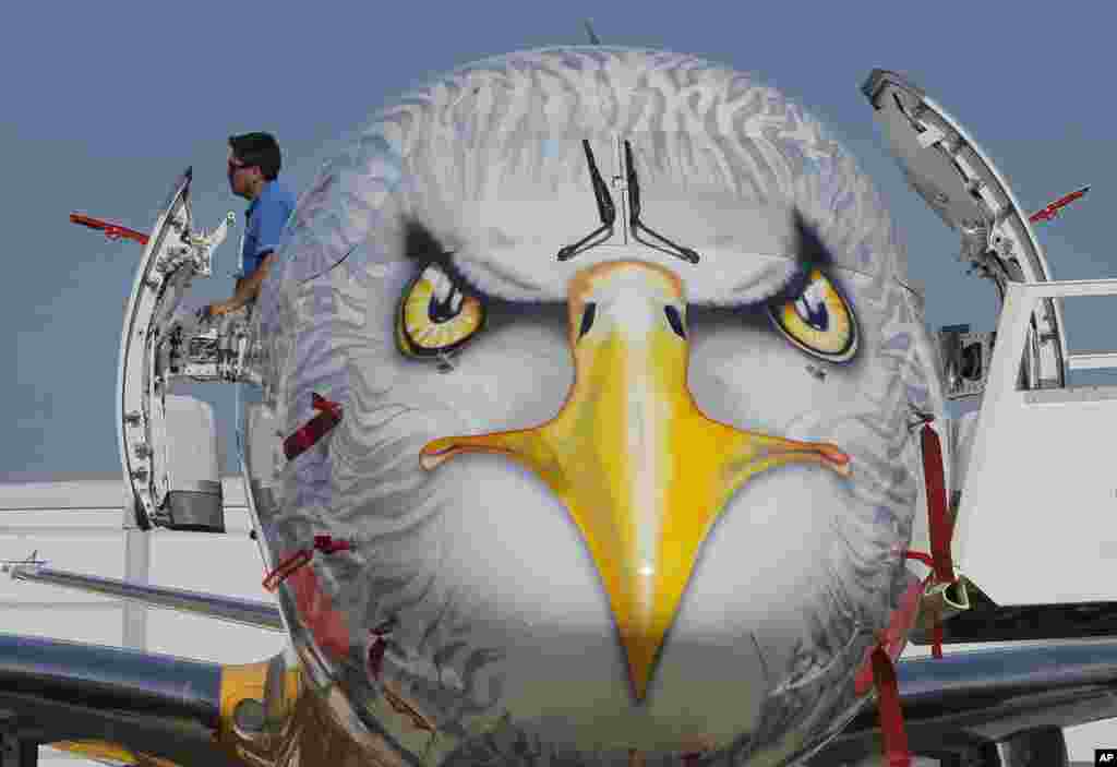 هواپیمای آزمایشی شرکت فضایی برزیلی، امبریر، در نمایشگاه هوایی شهر پاریس فرانسه که در جلو آن نقش یک عقاب رسامی شده است.