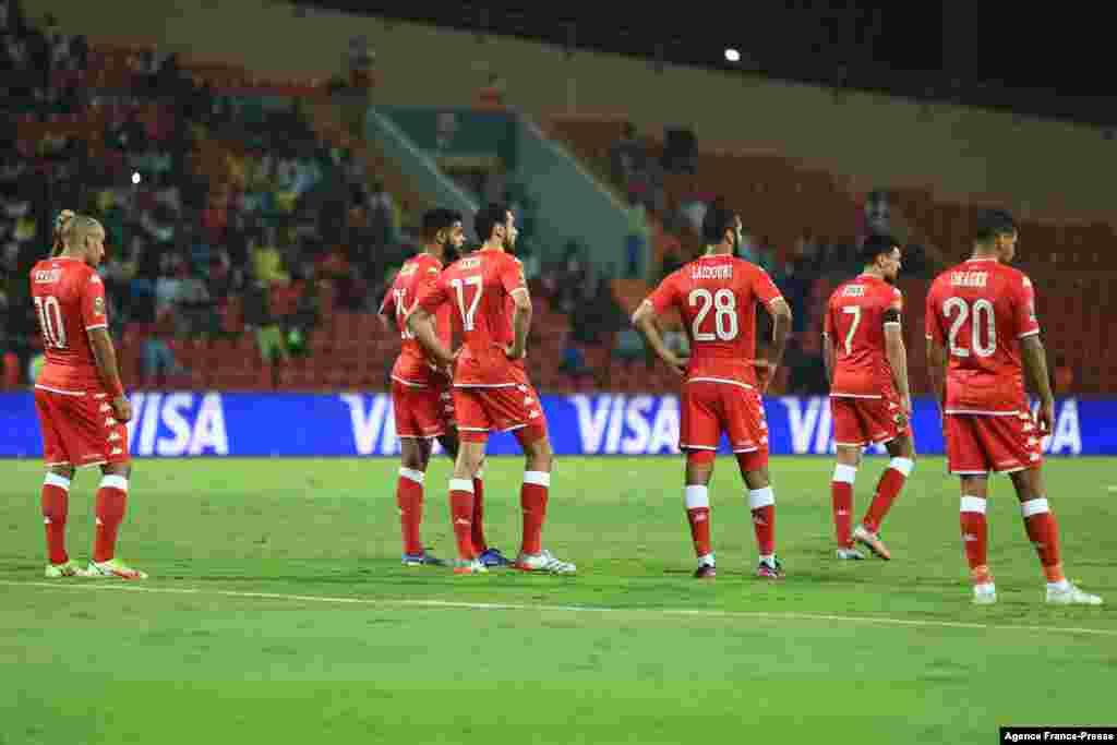 Tunisia&#39;s players react after Burkina Faso scored in Cameroon, Jan. 29, 2022.