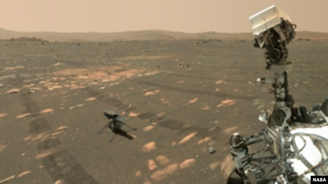 NASA’s Perseverance Mars rover took a 'selfie' with the Ingenuity helicopter, seen here about 13 feet (3.9 meters) from the rover. This image was taken by the WASTON camera on the rover’s robotic arm on April 6, 2021, the 46th Martian day, or sol, of the