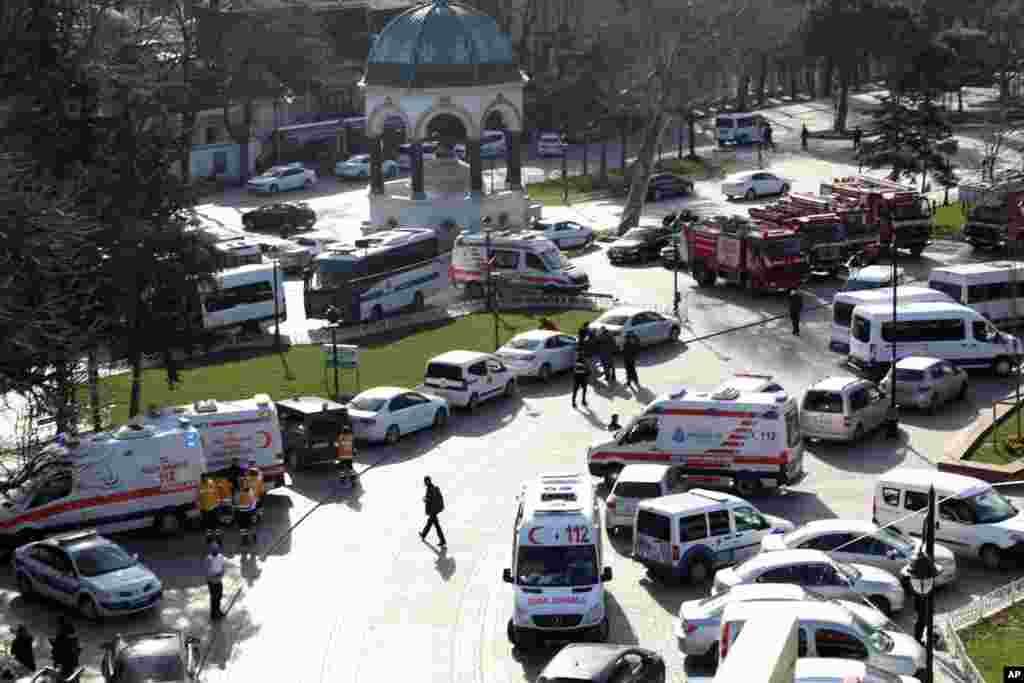 Ambulances and firefighters stationed near the city&#39;s landmark Sultan Ahmed Mosque or Blue Mosque after an explosion at Istanbul&#39;s historic Sultanahmet district, Jan. 12, 2016.