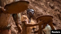 FILE - Gold miners form a human chain while digging an open pit at the Chudja mine near the village of Kobu in northeastern Congo, Feb. 23, 2009.