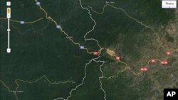 រូបថត​ផែនទី​របស់​​គេហទំព័រ​ Google Maps កាល​ពី​ថ្ងៃ​ទី​១៦​ខែ​មិថុនា​ឆ្នាំ​២០១១​នេះ​ បង្ហាញ​ឲ្យ​ឃើញ​តំបន់​ព្រំដែន​ប្រសព្វ​គ្នា​រវាង​កម្ពុជា (តំបន់​កន្ទុយ​នាគ​) ឡាវ និង វៀតណាម។ ប្រទេស​ទាំង​បី​ចង់​រួម​គ្នា​អភិវឌ្ឈ​តំបន់​ព្រំដែន​​​ត្រីកោណ​នេះ ឲ្យ​ទៅ​ជា​តំបន់​