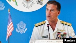 美军太平洋舰队司令阿奎利诺在曼谷举行的新闻发布会上讲话（2019年12月13日资料照）