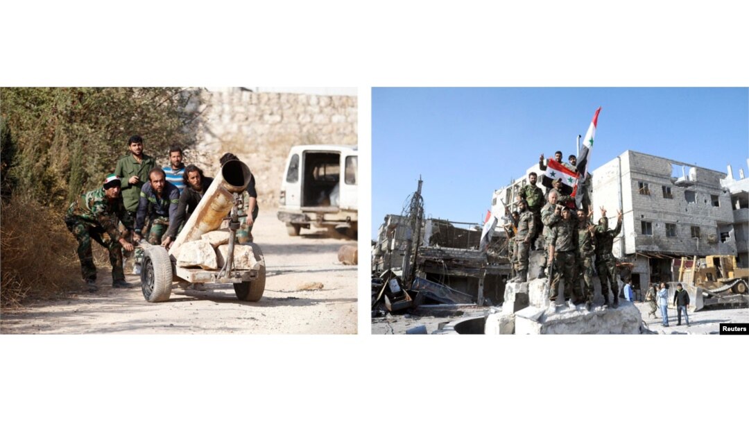(L) Fighters operating under the Free Syrian Army drag a rocket launcher in Aleppo, Nov, 13, 2013. (R) Soldiers loyal to Syria's President Bashar al-Assad pose after taking control of Hujaira, south of Damascus, from rebel fighters, in this handout photo distributed by SANA.