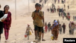 Yazidi children, fleeing violence from Islamic State militants Sinjar, Iraq, head toward the town of Elierbeh of Al-Hasakah Governorate, near the Syrian border, Aug. 10, 2014. 