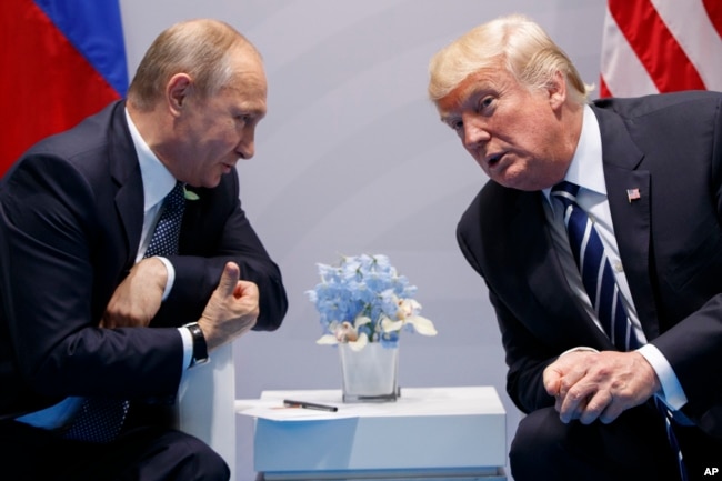 U.S. President Donald Trump meets with Russian President Vladimir Putin at the G-20 Summit, July 7, 2017, in Hamburg. Trump and Putin met for more than two hours.