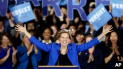 FILE - Sen. Elizabeth Warren, a Democrat from Massachusetts, gives her victory speech at a Democratic election watch party in Boston, Massachusetts, Nov. 6, 2018. 