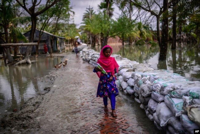 A girl walks home from school after waiting for low tide when the road is visible in Pratap Nagar, in Shyamnagar region of Satkhira district, Bangladesh on Oct. 5, 2021. (AP Photo/Mahmud Hossain Opu)