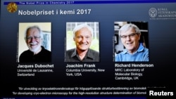 The names of Jacques Dubochet, Joachim Frank and Richard Henderson are displayed on the screen during the announcement of the winners of the Nobel Prize in Chemistry 2017, in Stockholm, Sweden, Oct. 4, 2017. 