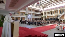 Pope Francis speaks during a meeting with Panama's President Juan Carlos Varela and government officials in Panama City, Panama, Jan. 24, 2019.